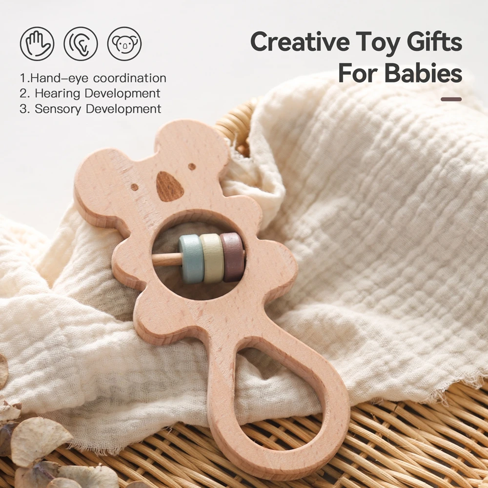 Baby-Beißring aus Holz, 0–12 Monate, Rassel, sensorisches Spielzeug für Babys, Montessori, Baby-Handglocke, Kinderwagen, Cartoon-Koala, Kleinkind aus Holz