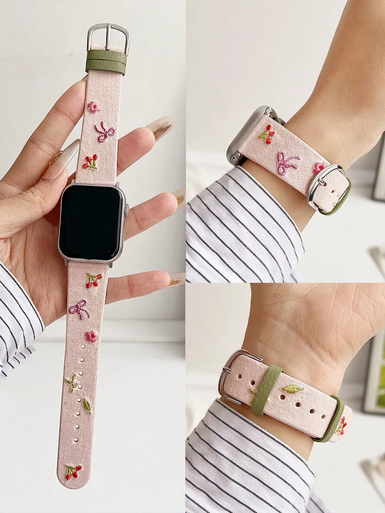 

Розовый ремешок для Apple Watch с вышитым бантом и вишневым цветочным узором, 38-49 мм