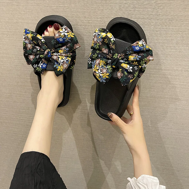 Cute Big Bow Women's Slippers 2024 Summer Outwear Versatile Thick Sole Sandals Slippers Fashion Non-slip Beach Slippers