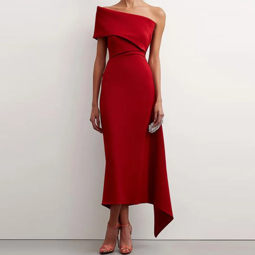 

Simple Red Women's Evening Dress One Shoulder Slim Irregular Long Straight Dresses Ankle Length Evening Party Cocktail Dress