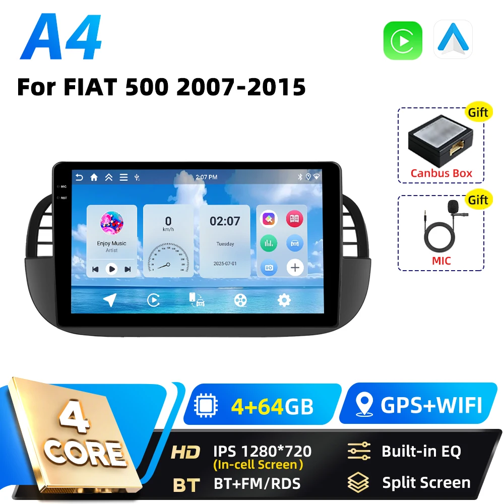 Podofo Qualcomm 8-Core Carplay 2DIN Android Auto Multimedia Speler Voor FIAT 500 2007 2008-2015 GPS Navigatie DSP WIFI FM RDS BT