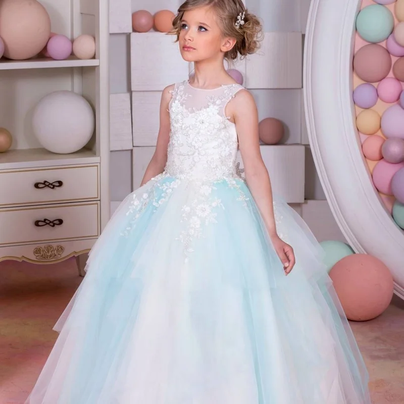 dress princess style chiffon ball White lace gradient blue flower children'sdress suitable for birthdays and weddings