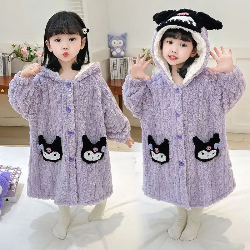 Cartoon Kuromi Cinnamoroll Children Plush Pajamas Robe Anime Sanrios Winter Kawaii Girl Cute Coral Fleece Warm Thicken Nightgown