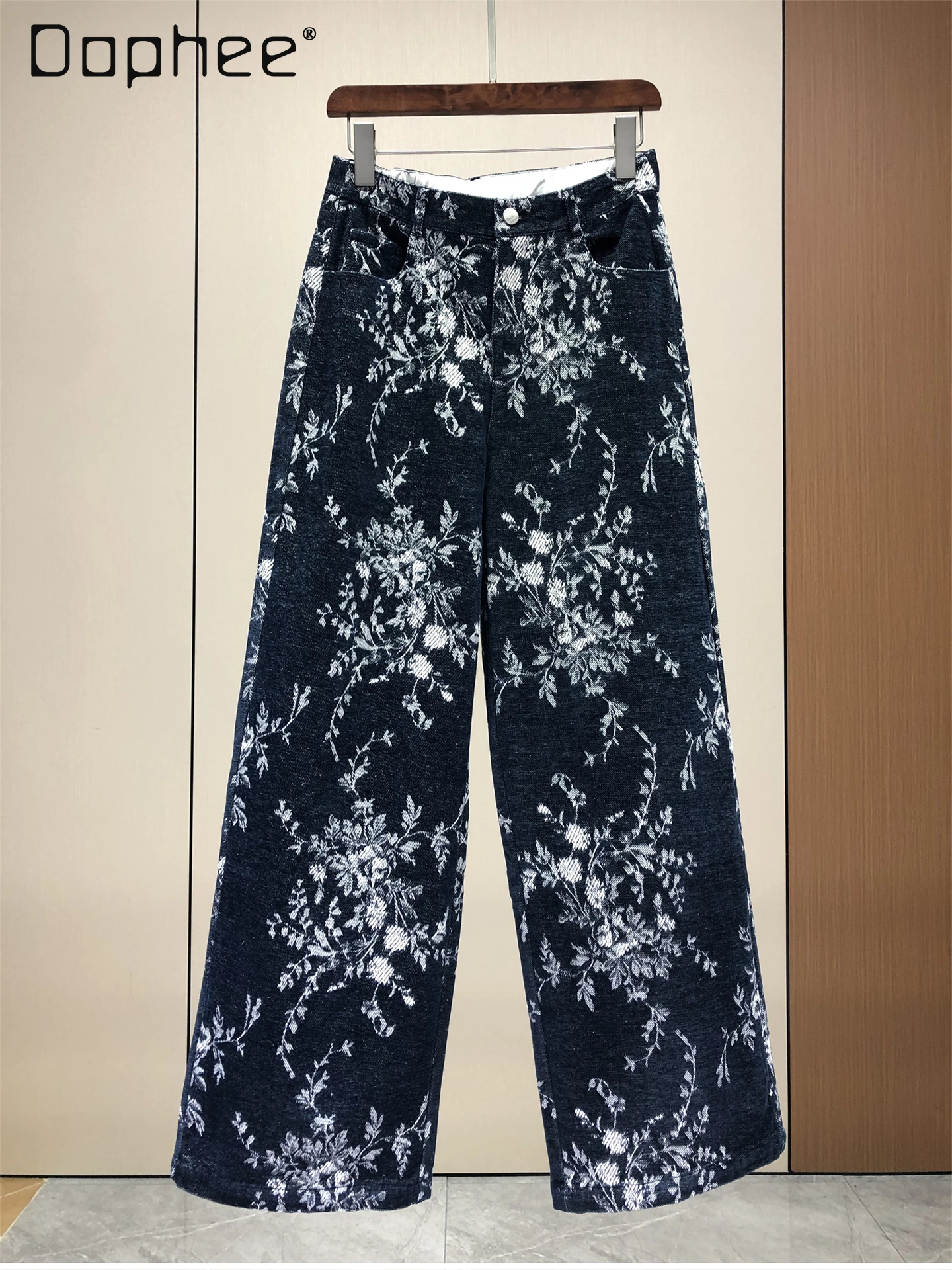 

Korean Style Ins Retro Print High-End Jeans for Women Autumn New European Fashion High-Waisted Slimming All Match Wide-Leg Pants