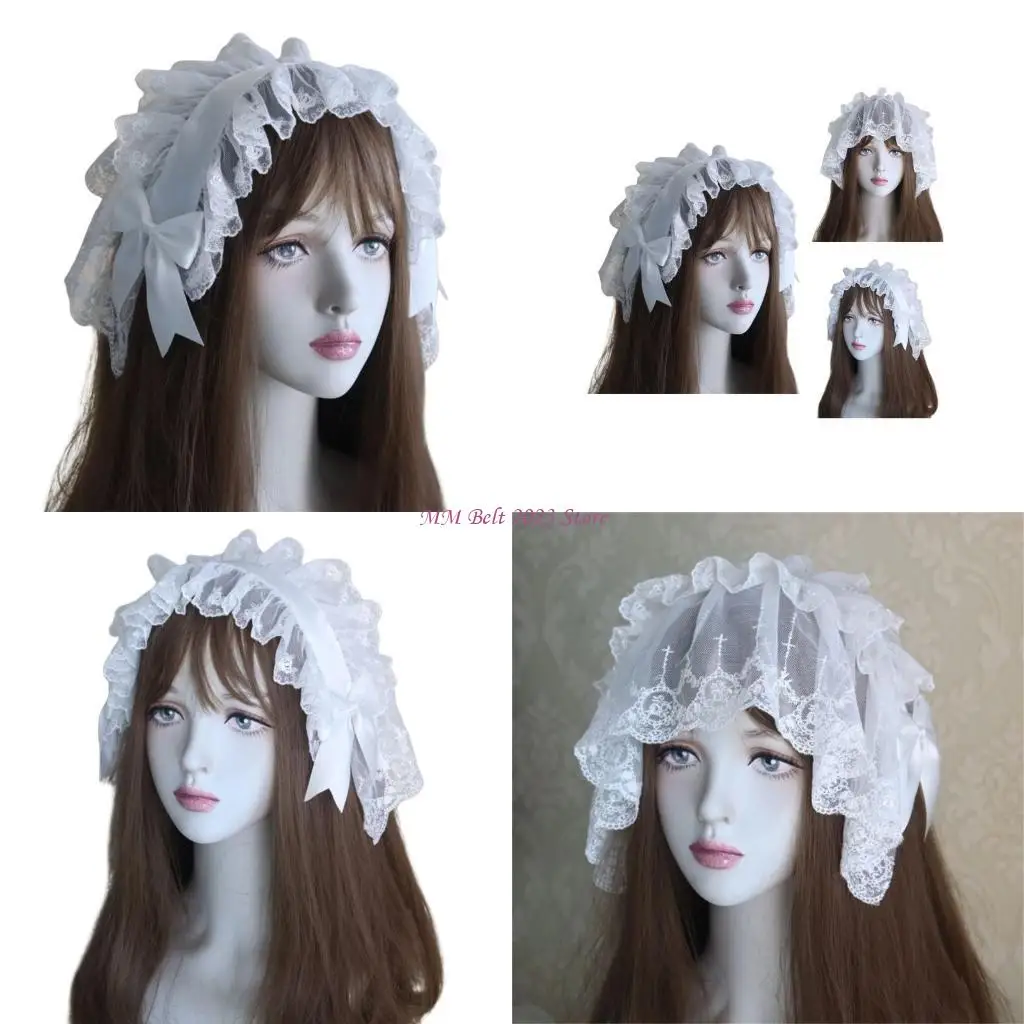 

49ME Veil Bows Lace Headbands for Women Headwear Subculture Ruffled Lace