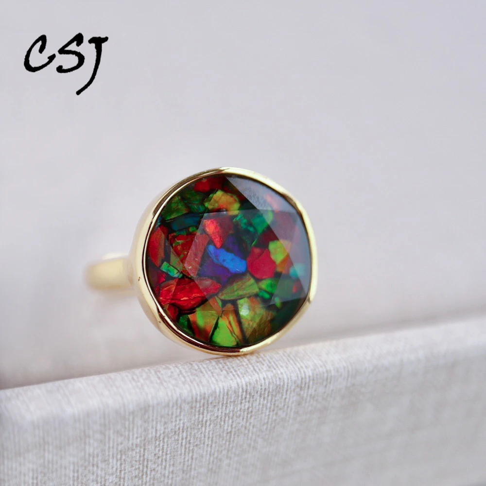 Ammolite 925 Silver Adjustable Ring 18k Gold Plated Jewelry Gift for Women Natural Opalite Dainty Stackable from Canadian