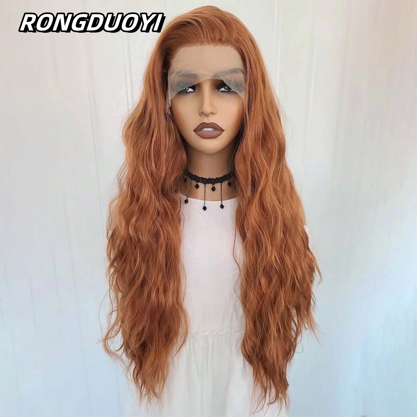 13X4 Ginger Orange Long Curly Synthetic Lace Front Wig Natural Wavy Auburn Brown Colored Hair Lace Frontal Wig for Women Party