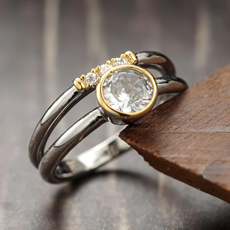 Huitan Vintage Women Two Tone Ring Inlaid Bright Round CZ Simple Style Party Daily Low-key Anti Silver Color Accessories Jewelry