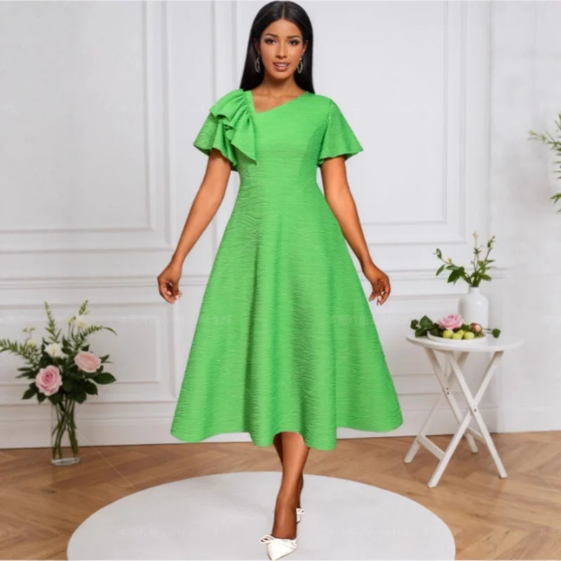 

Women's Asymmetrical Ruffled Waist A-Line Dress Simple Fashionable Water Ripple Slanted Neck Design New Style 2025