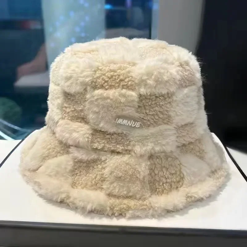 

Warm Soft Outdoor Fisherman Hat Winter Stitching Color Bucket Hat Women Faux Fur Chapeau Fishing Hat Lady Panama Gorras