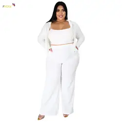 FNOCE Women Clothing Suits Plus Size 3-Piece Sets Sports Leisure Suit Graceful Sweatshirt Tube Top Wide Leg Pants Sunken Stripe