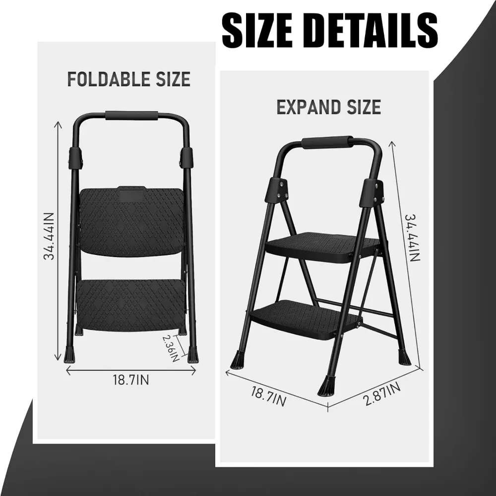 2 Step Ladder, Folding Step Stool with Wide Anti-Slip Pedal, Sturdy Steel Ladder, Convenient Handgrip, Lightweight Portable