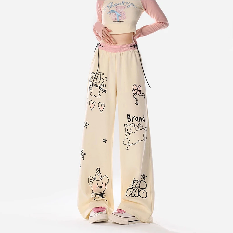 

American Vintage Hand-Painted Loose Straight Pants Women's Elastic High Waist Drawstring Pocket Student Sports Wide Leg Trousers