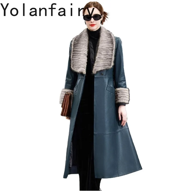 YOLANFAIRY High-end Real Sheepskin Leather Down Coat Womsn Winter Luxury Mink Fur Collar Elegant Genuine Leather Jacket Lace-up