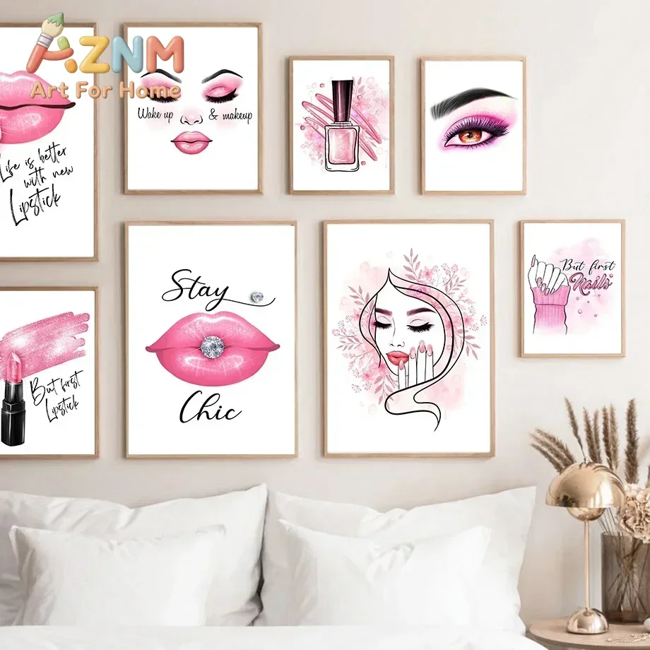 AZNM Frameless Canvas Wall Art Pink Makeup Lip Nail Polish Eyelash Fashion Art Print Beauty Salon Bedroom Home Decor Poster