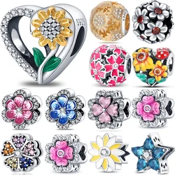 925 Sterling Silver Sunflower Sakura Clover Floral Plants Series Charm Beads Fit Original Bracelets DIY Jewelry Gifts
