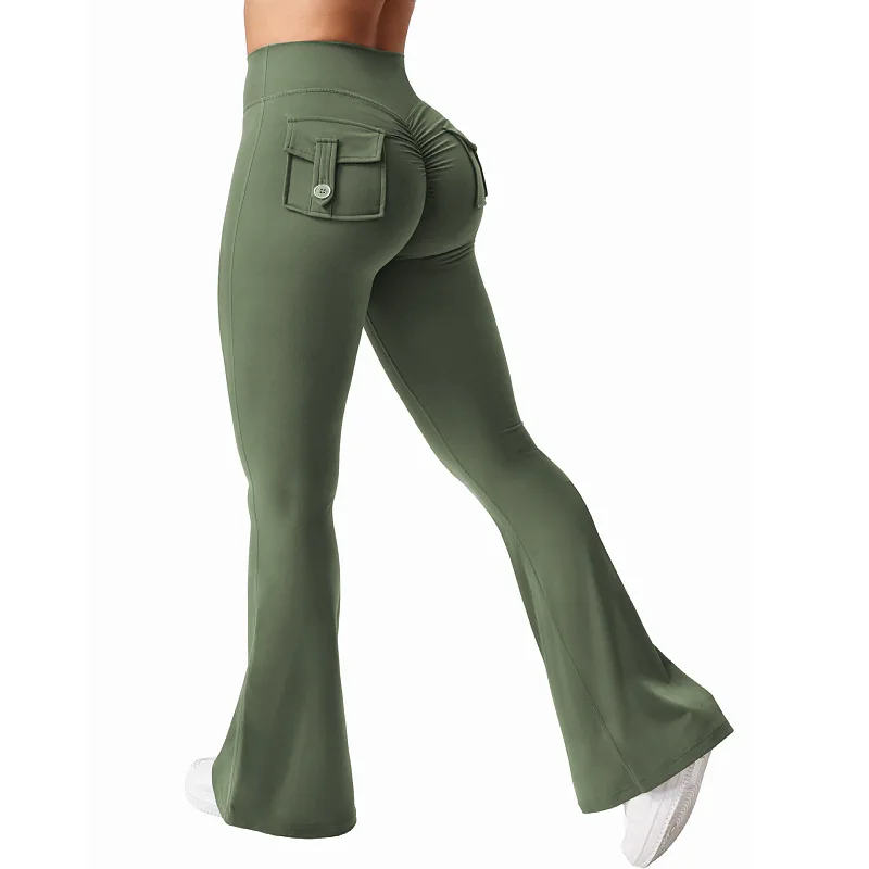 

New sewn high elastic quick-drying yoga fitness pants back double pockets peach hip lift line sports flared pants women