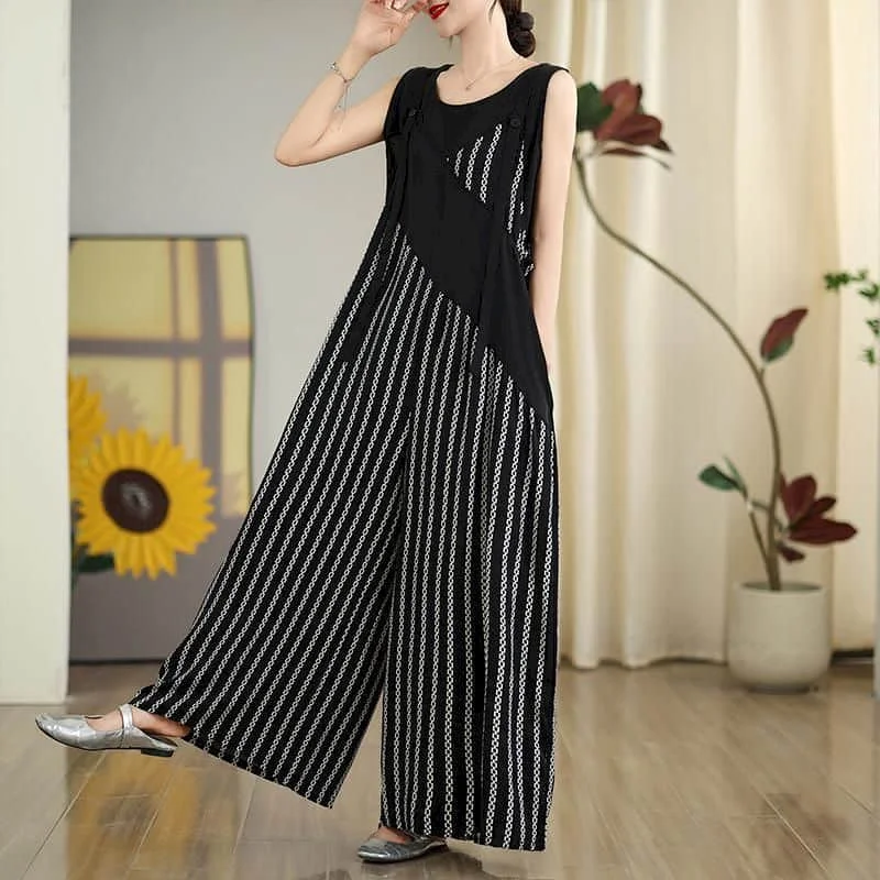 

Striped Jumpsuits Women One Piece Outfit Women Loose Korean Style Oversized Wide Leg Pants Casual Vintage Sleeveless Playsuits