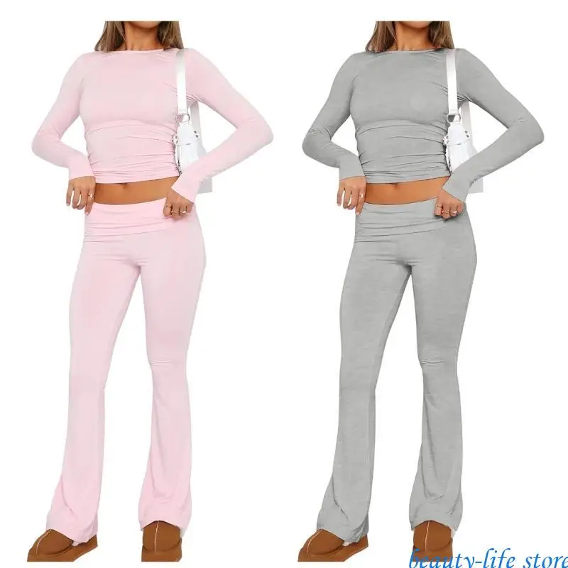 

Women Low Rise Pant and Long Sleeve Crop Top Outfit Solid Color Lounge Set 517D
