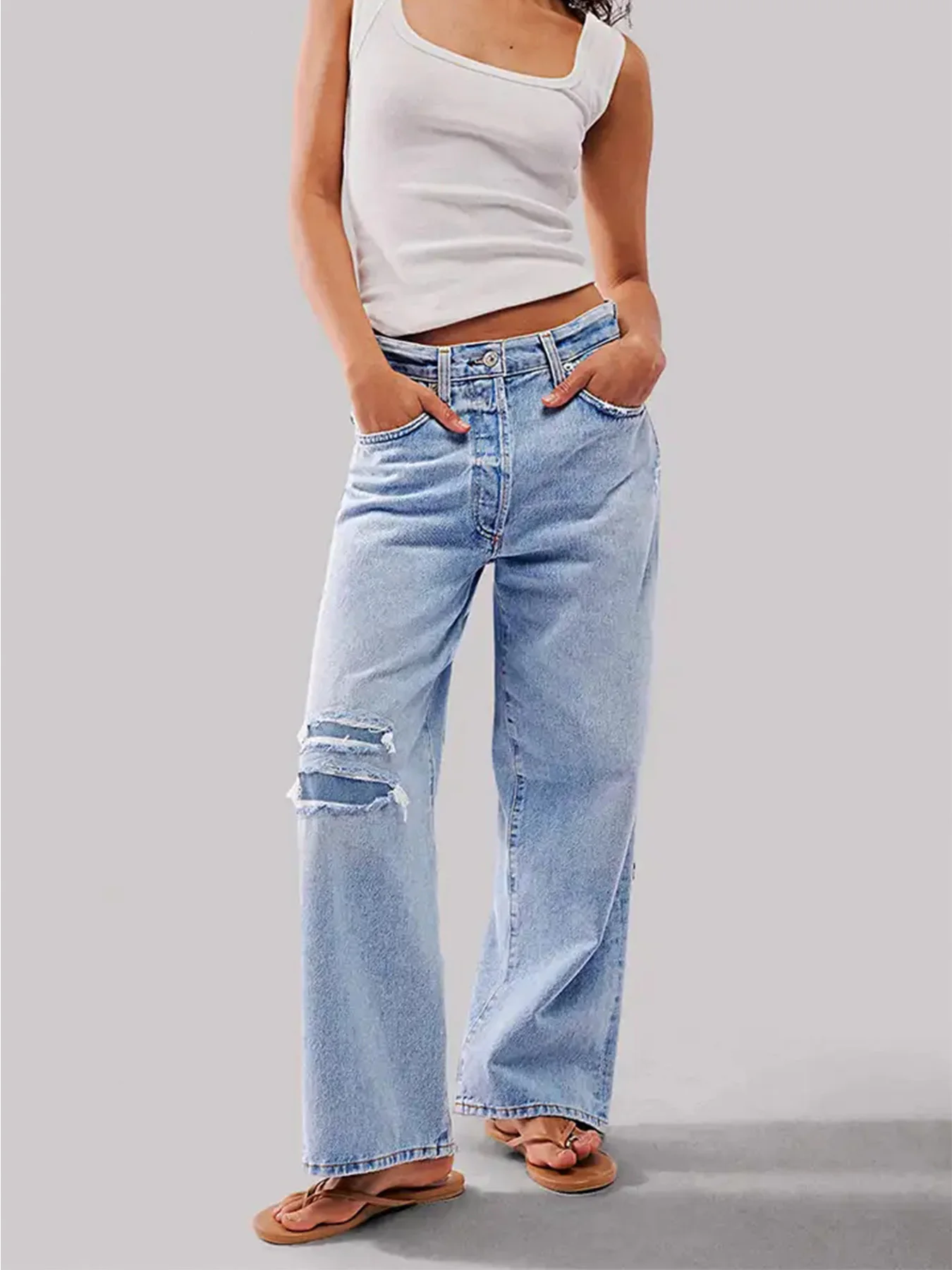 

Женские повседневные свободные прямые синие джинсы со средней талией, с рваными дырками, модно на все сезоны