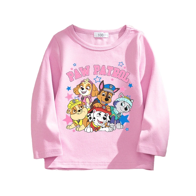 Paw Patrols Toddler Kids T-Shirt Skye Everest Girl Pink Tee Shirts Long Sleeve Crew Neck Tops Cartoon Dog Baby Casual Clothes