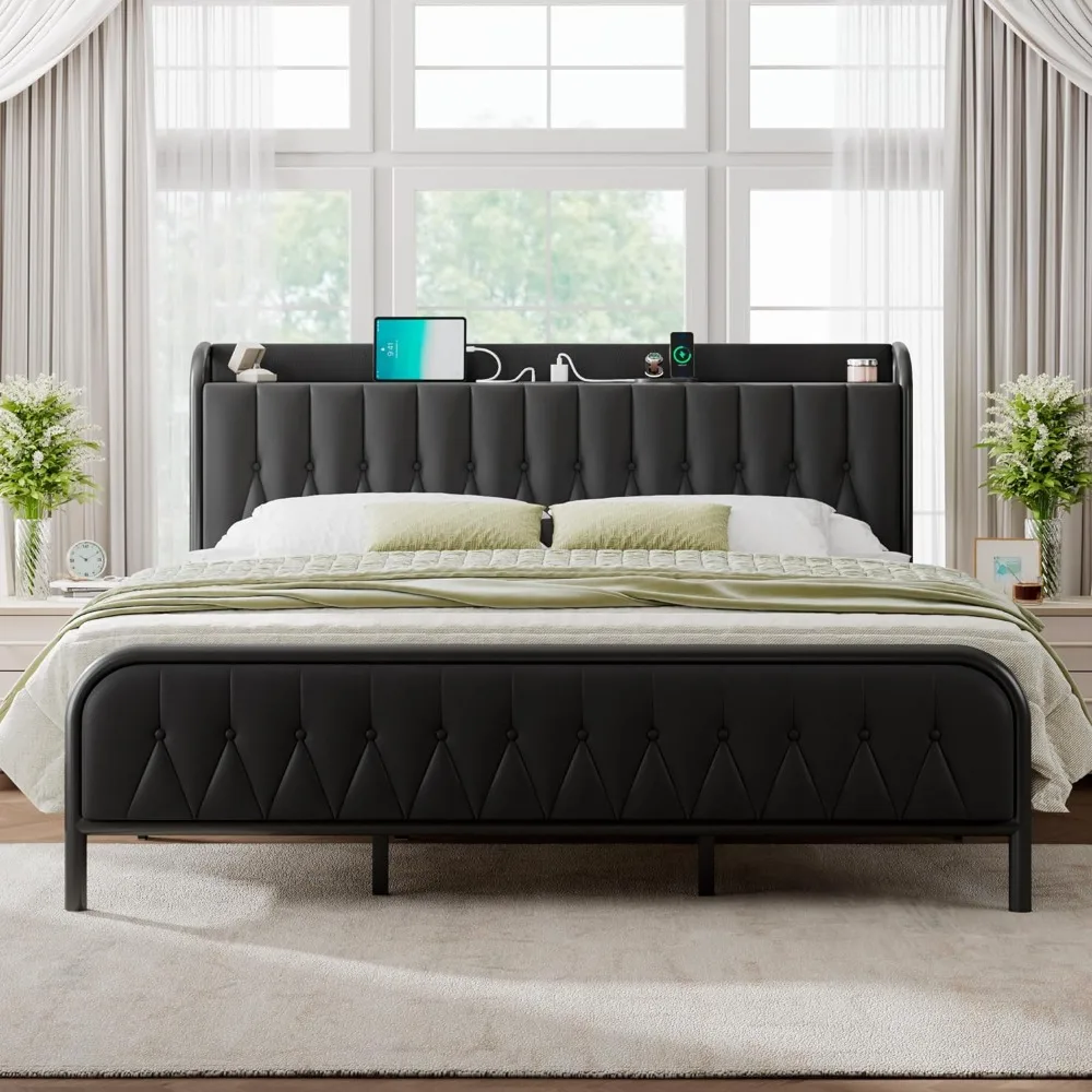 

Bed Frame with Type-C & USB Port, Metal Platform Beds, with Faux Leather Upholstered Headboard & Footboard