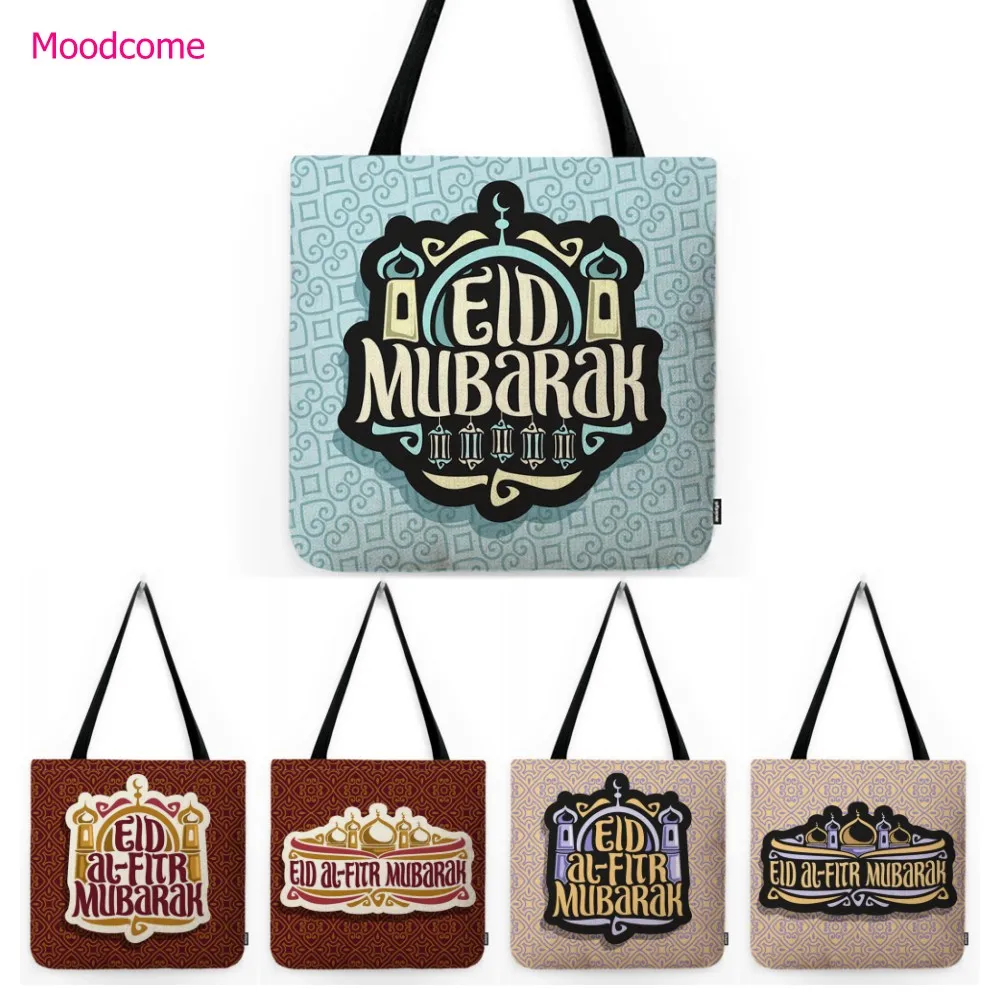 Happy Eid Mubarak Ramadan Letter Print Green Blue Moslem Art Islamic Fashion Arab Water Resistant Shoulder Tote Bag Carrying Bag