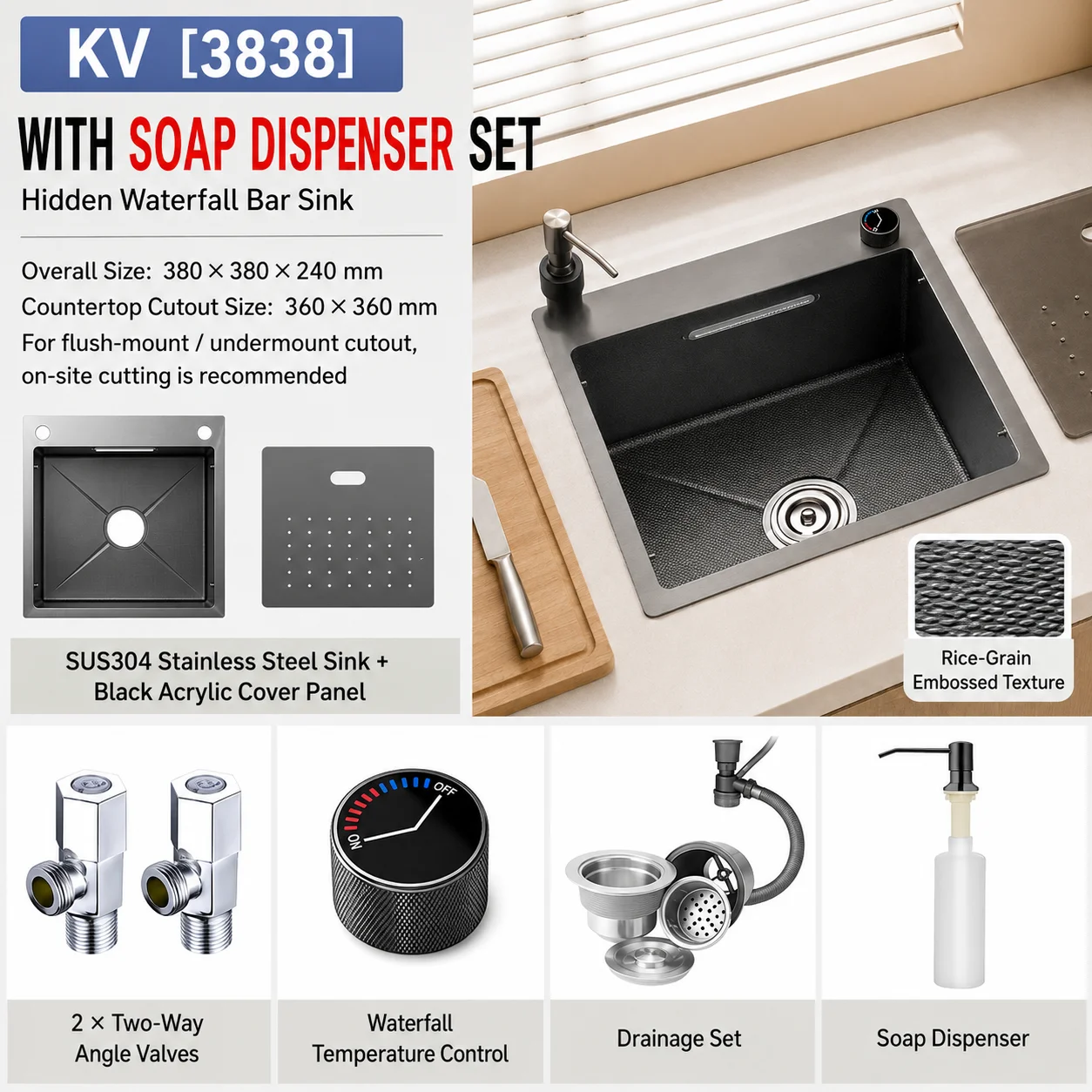 Modern Luxury Waterfall Kitchen Sink SUS304 Stainless Steel Hidden Bar Sink with Temperature Control Faucet Drain Set image 3