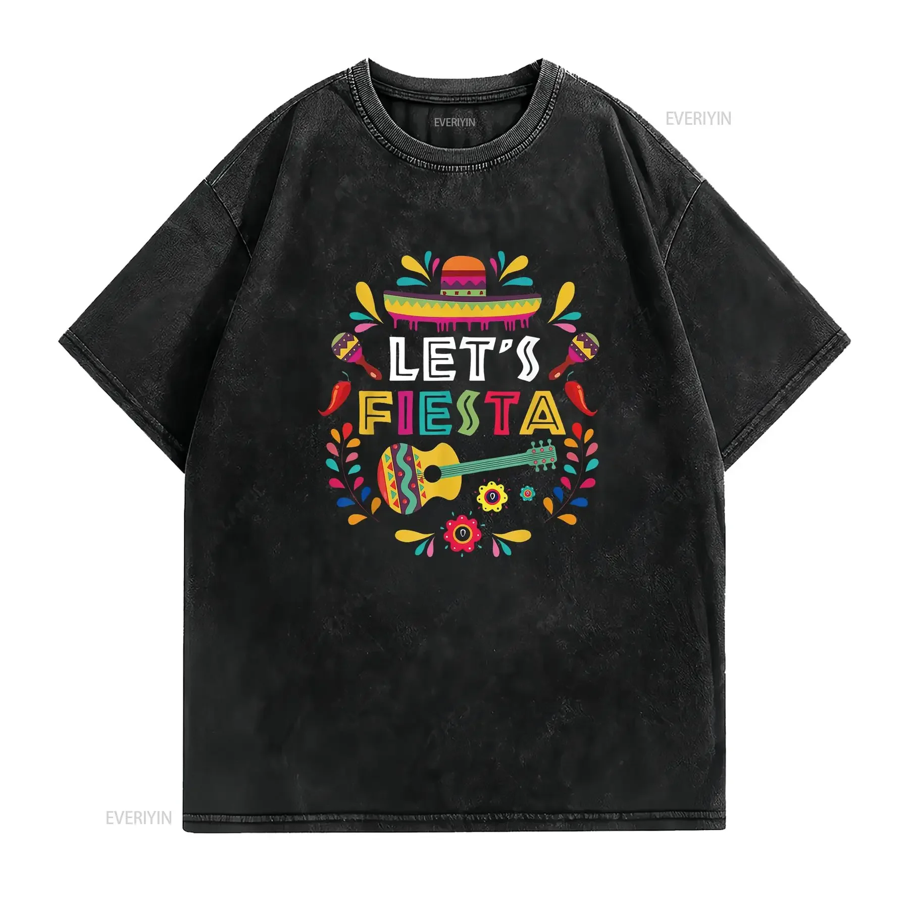Lets Mexican Fiesta Cinco De Mayo Party Colourful Guitar Fun T Shirt vintage Washed Stretched Breathable Unisex fashion homme