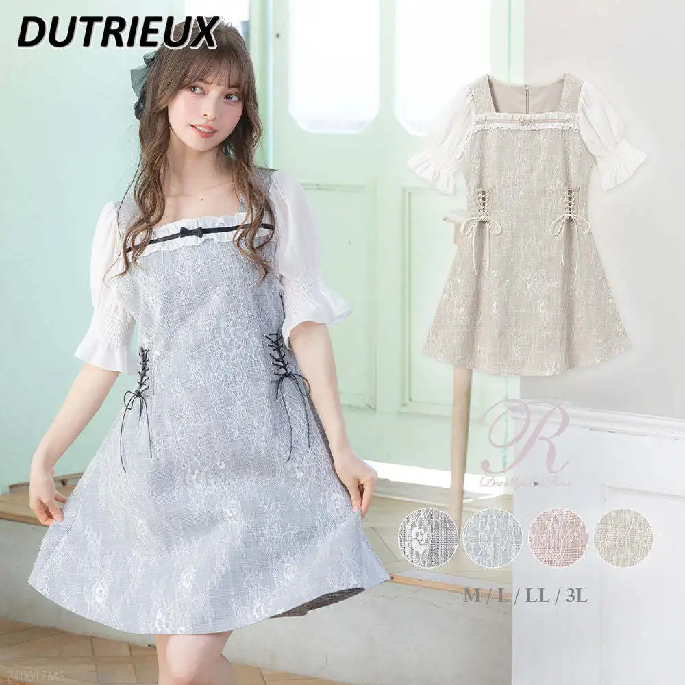 

Summer New Short Sleeve Japanese Style Square Collar Lace Up Tight Waist Dress Kawaii Lace Stitching Heavy Work Sweet Dresses