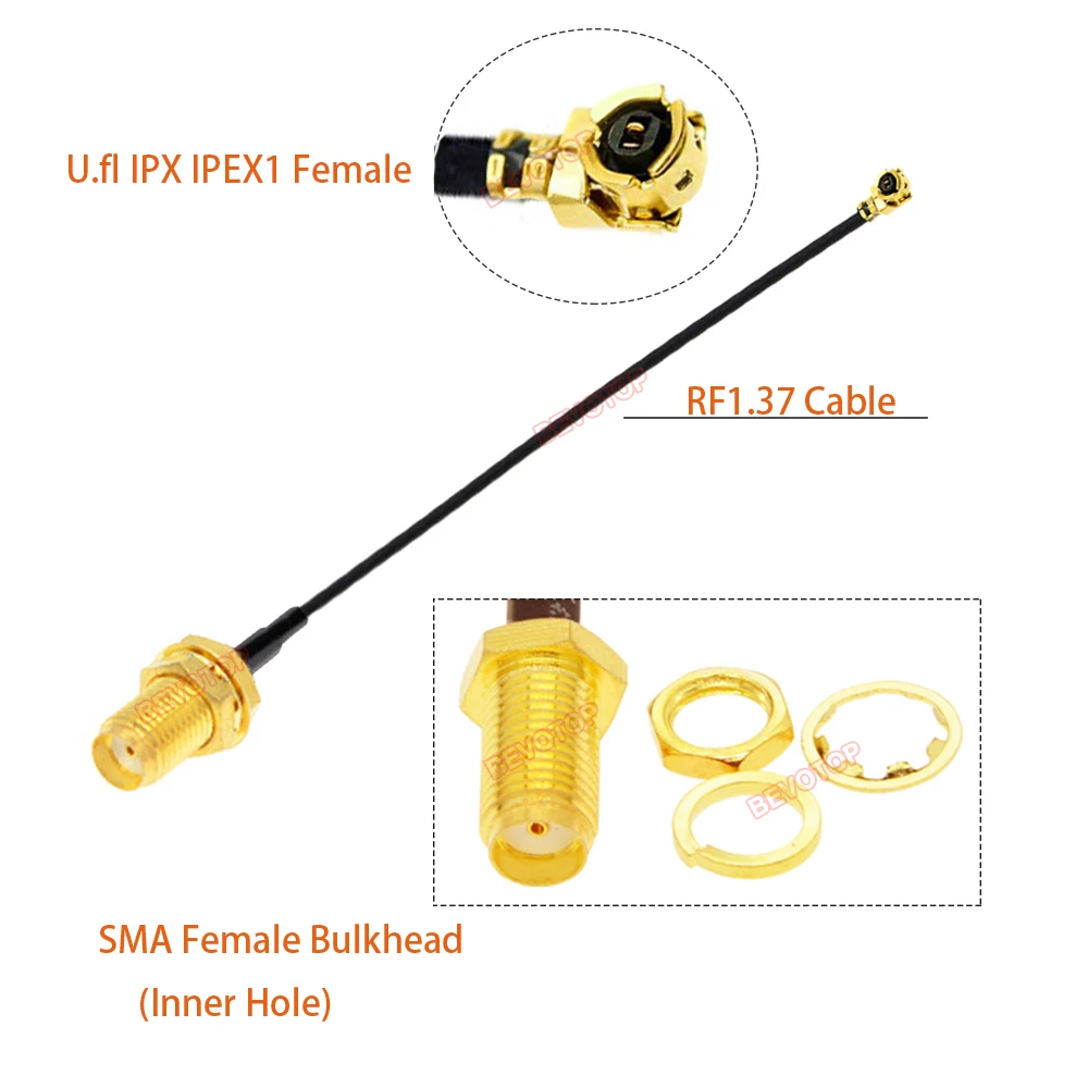 BEVOTOP 100pcs/lot RF1.37 Cable SMA to  Jumper RP-SMA /SMA Male Female to  PEX1 Female RG1.37 Pigtail WIFI Antenna Jumper