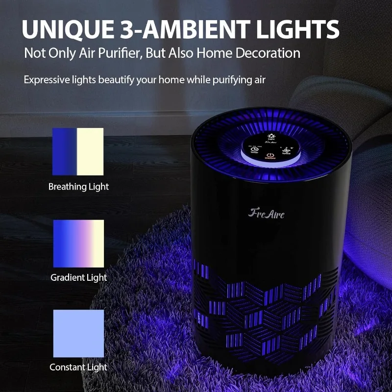 Purificatori d'aria, purificatore d'aria HEPA per camera da letto con luci RGB Purificatori d'aria per polvere Animali domestici Fumo Polline Odore di squame, porta