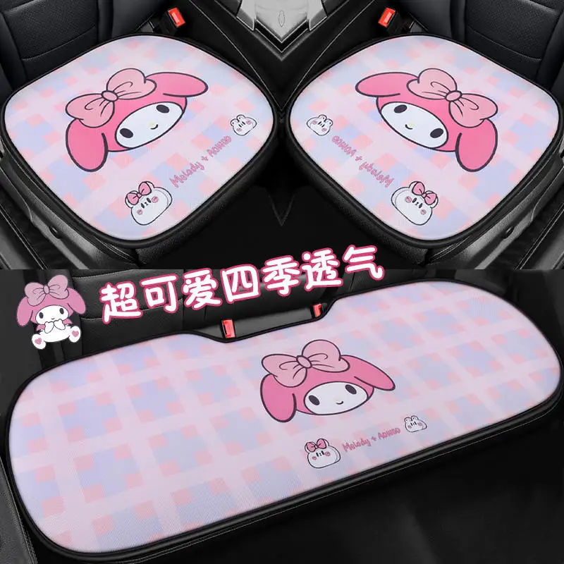 

Kawaii My Melody Kuromi Car Seat Cover Full Set Sanrio Anime Four Season Universal Ladies Cute Cartoon Car Interior Ornament Set