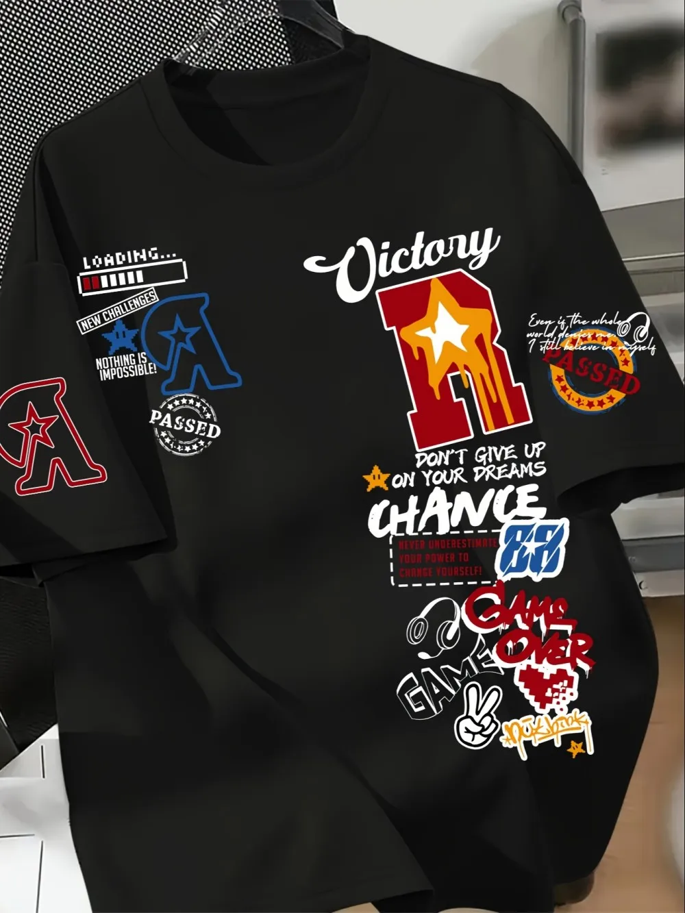 Hip‑Hop Street Unisex T‑Shirt Varsity Graffiti Multi‑Slogan Letter‑Star Print Oversized Short Sleeve Tops Black White