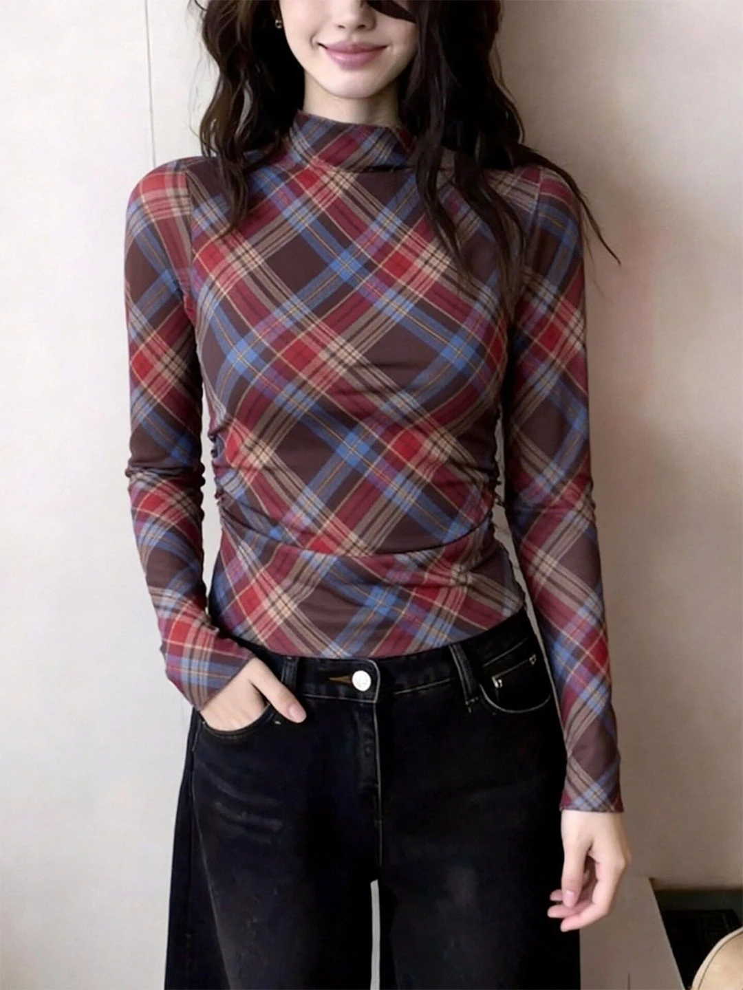 Spicy Girl Plaid Half High Collar Long Sleeve T-Shirt Women's Slim Fit Inner Mesh Cover Shirt Top Casual Style High Waist