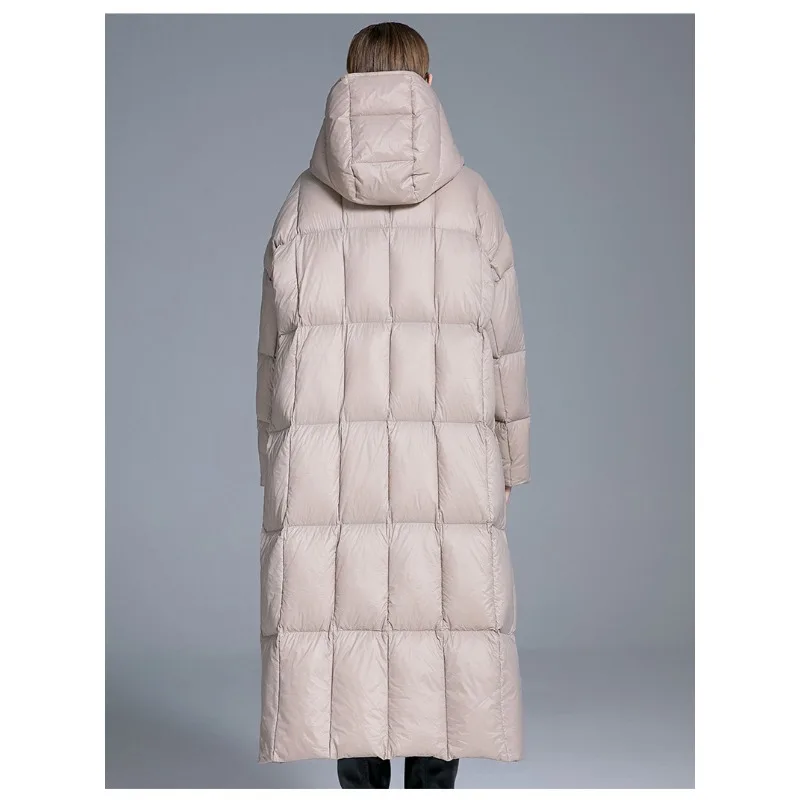 Luxo de alta qualidade 90% pato branco para baixo inverno para mulheres solto quente engrossar resistente ao frio casacos longos com capuz