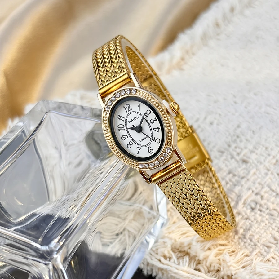 Vintage Watch for Ladies: Oval Diamond-Set Dial Wheat Grain Steel Band Classic Retro Women's Wrist Watch