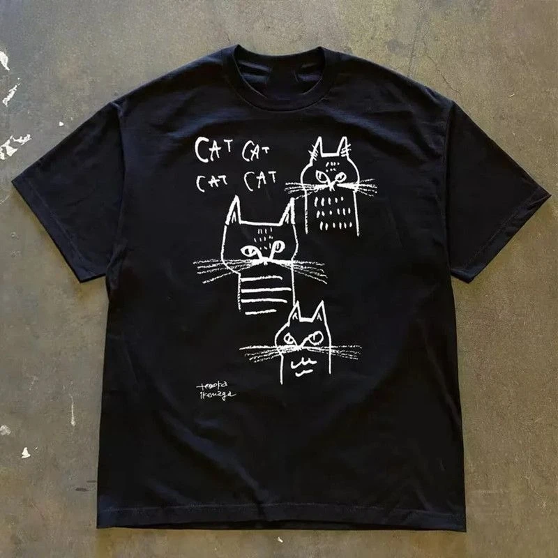Cat T-shirt Rough Line Sketch Three Cats Handwritten CAT Text Unisex Summer Loose Cotton Oversized Short Sleeve Basic Tee
