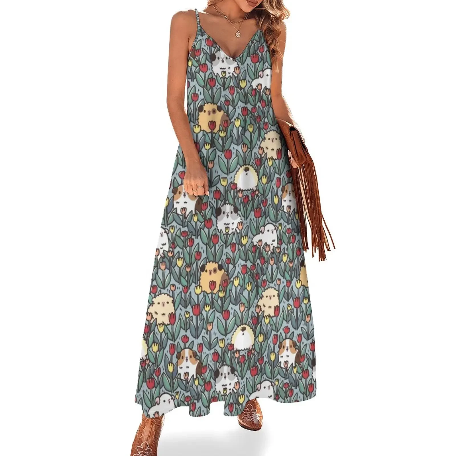 

Teddy Guinea pigs and Flowers Pattern Sleeveless Dress Evening gown Beachwear Women's summer long dress dresses for woman Dress