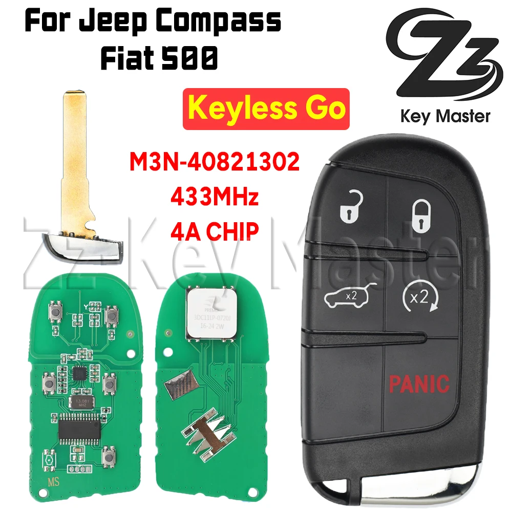 Zz Key Master Smart Card Key M3N-40821302 433MHz 4A CHIP Blade SIP22 For Jeep Compass Renegade Fiat 500 500X 500L Keyless Go