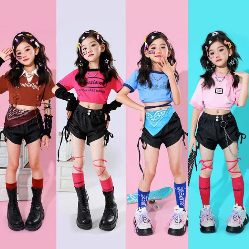 

Kids Hip Hop Crop Tops Shorts Street Dance Jazz Sweet Costumes Girls Gradient Cargo Pants Children Streetwear Clothes Sets