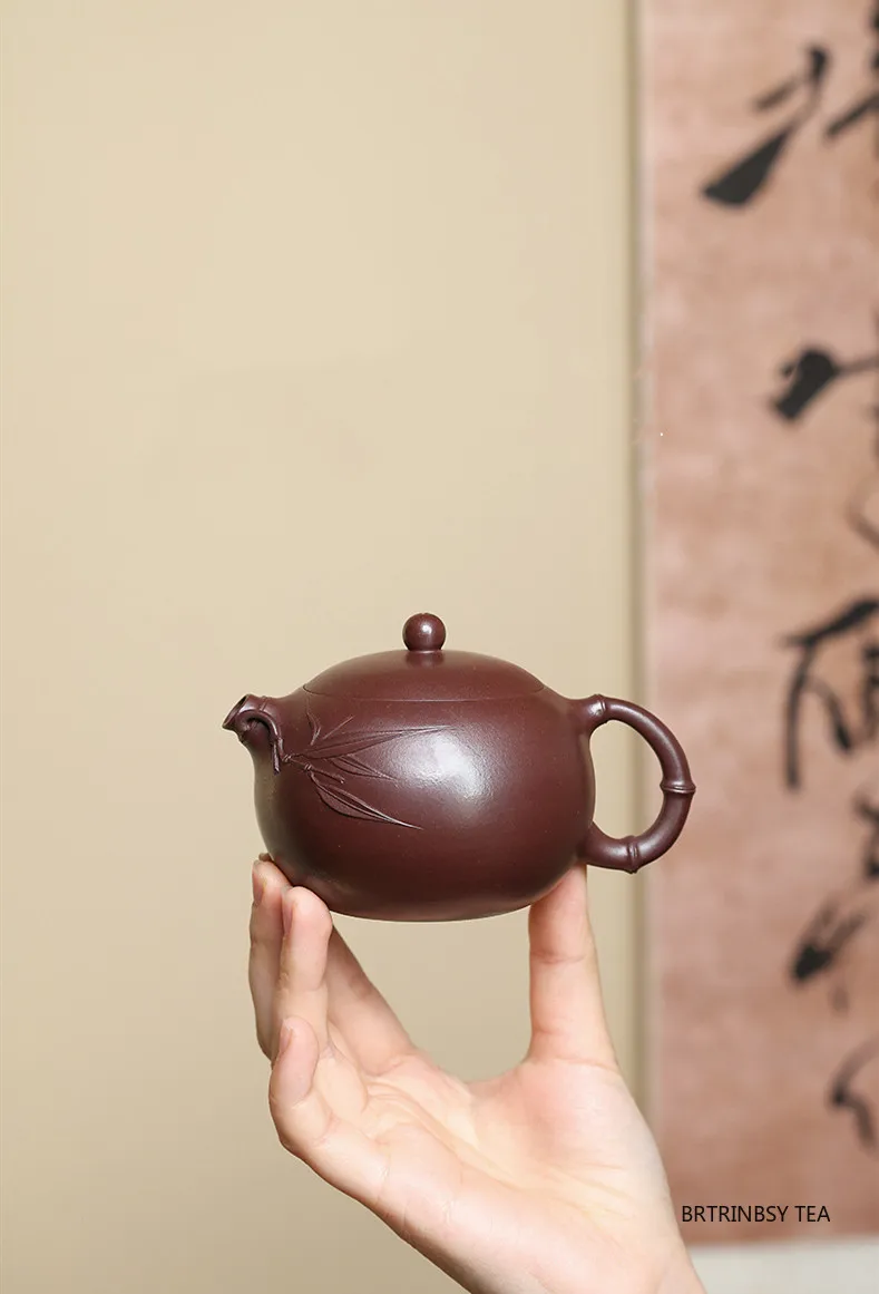180ml Chinese Yixing Purple Clay Teapot Beauty Tea Infuser Kettle Handmade Bamboo Leaf Xishi Tea Pot Household Zisha Tea Set