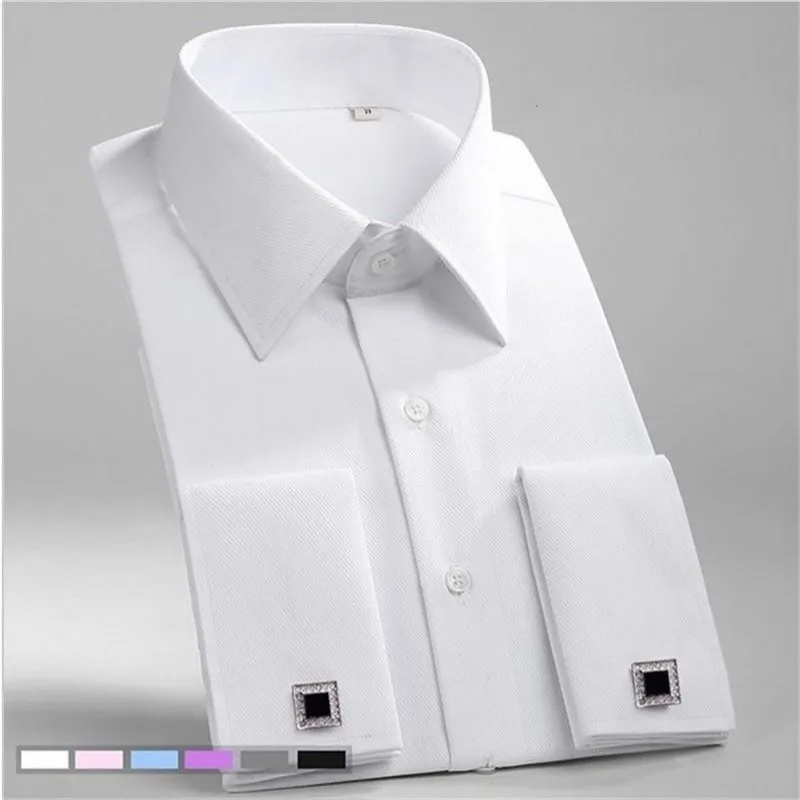 Spring Autumn New Men Solid French Cuff Dress Shirt Long Sleeve Formal Business Buttons Male Shirts Regular Fit Cufflinks Shirt