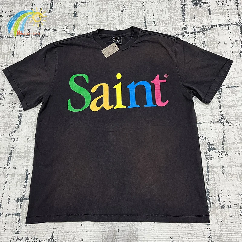 Cracked Colorful Letter Logo Printing Saint T-Shirt Men Women Streetwear Oversized Tee Top Vintage Washed Black T Shirt