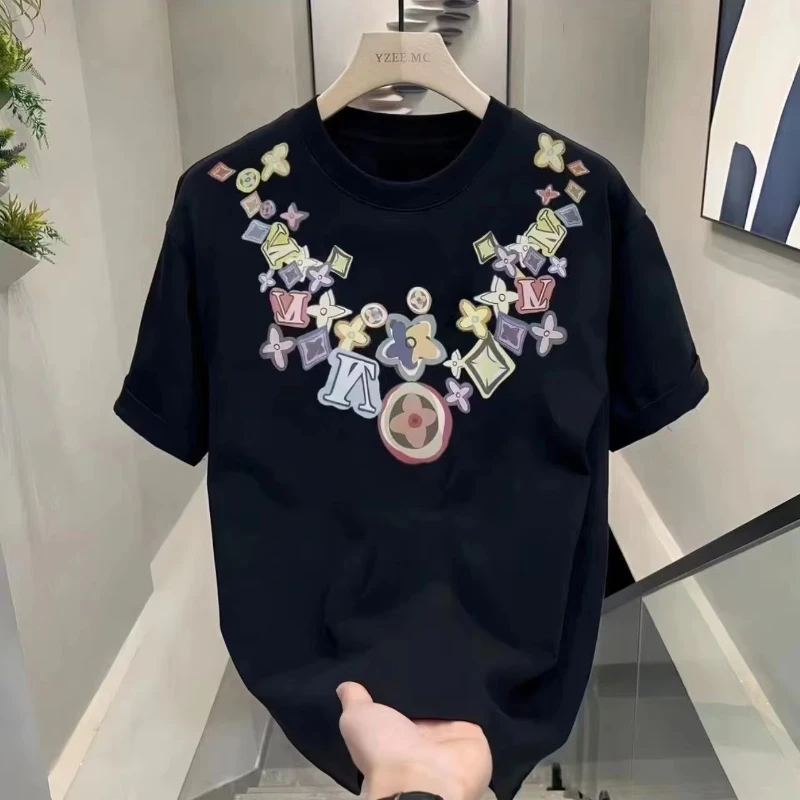 تي شيرت صيفي فضفاض وبسيط من القطن الخالص بأكمام قصيرة وطباعة أمريكية ثقيلة من القطن الخالص الصيني الأنيق بأكمام قصيرة للرجال #1