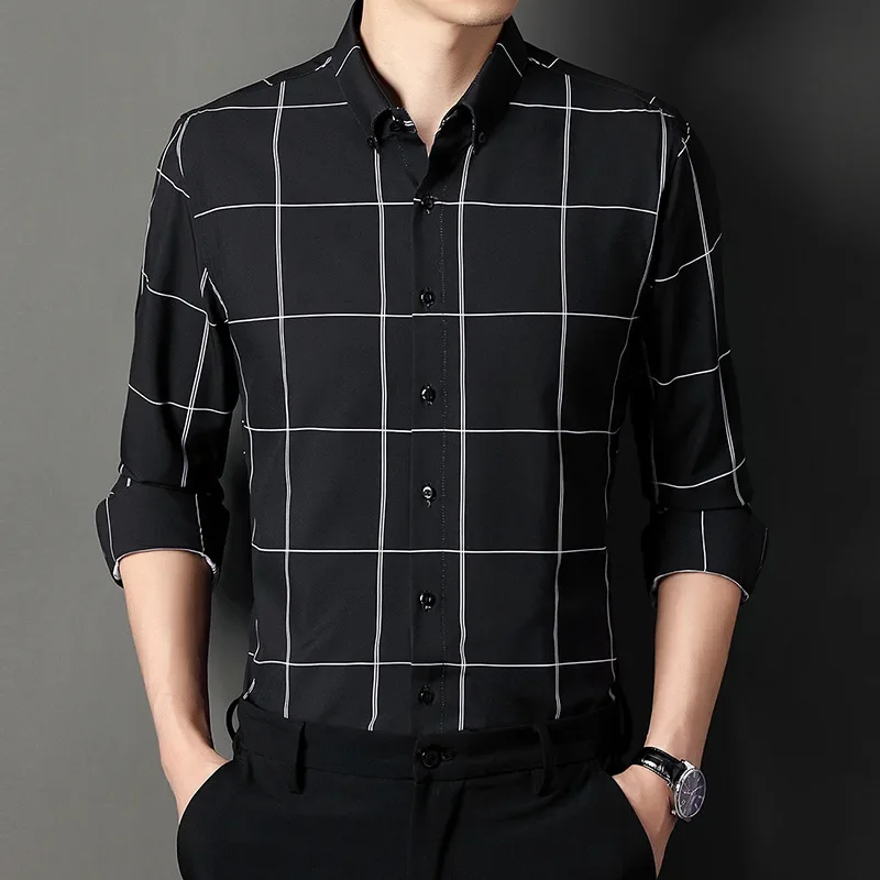 LIBIELIY New Trendy Korean Checkered Shirt Men's Long Sleeved Youth Checkered Casual Business Slim Fit Versatile Men's Shirt