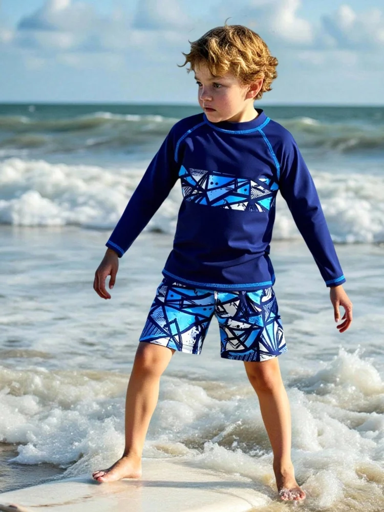 

Swimsuit Kids Boy 2026 New Solid Geometry Long Sleeves Children Swimwear Summer Two Piece Beach Shorts Bathing Suit For Swimming