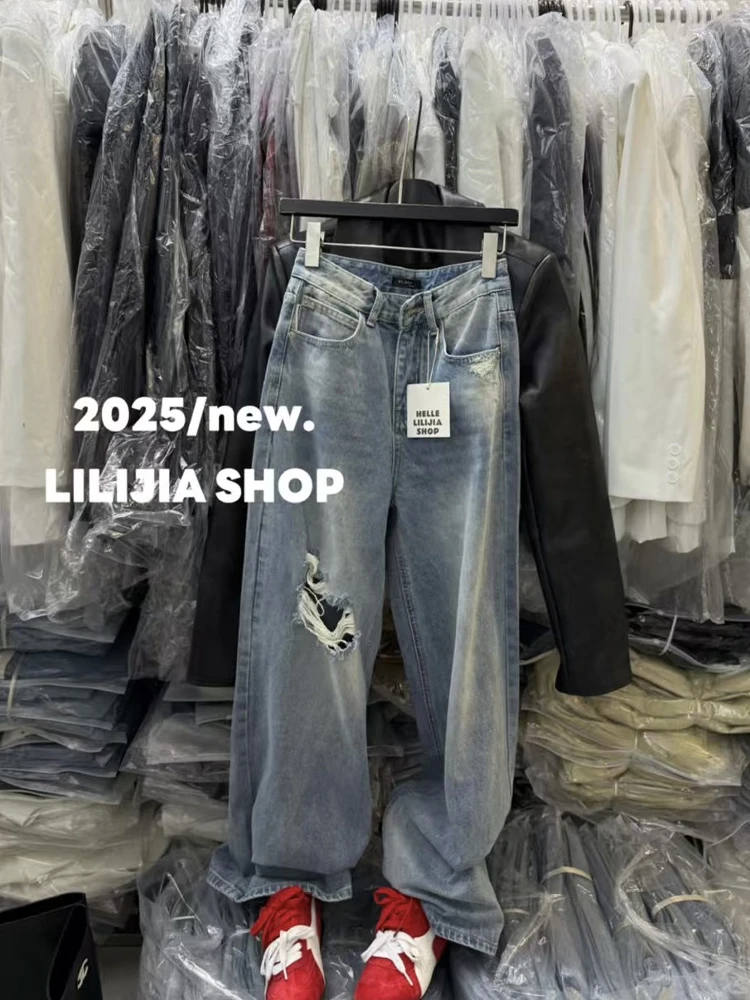 Frühling Sommer 2025 Dongda Gate High-Waist Wide-Leg Jeans mit Einzelschlitz, gerader Schnitt, vielseitige Damen-Denim-Hose
