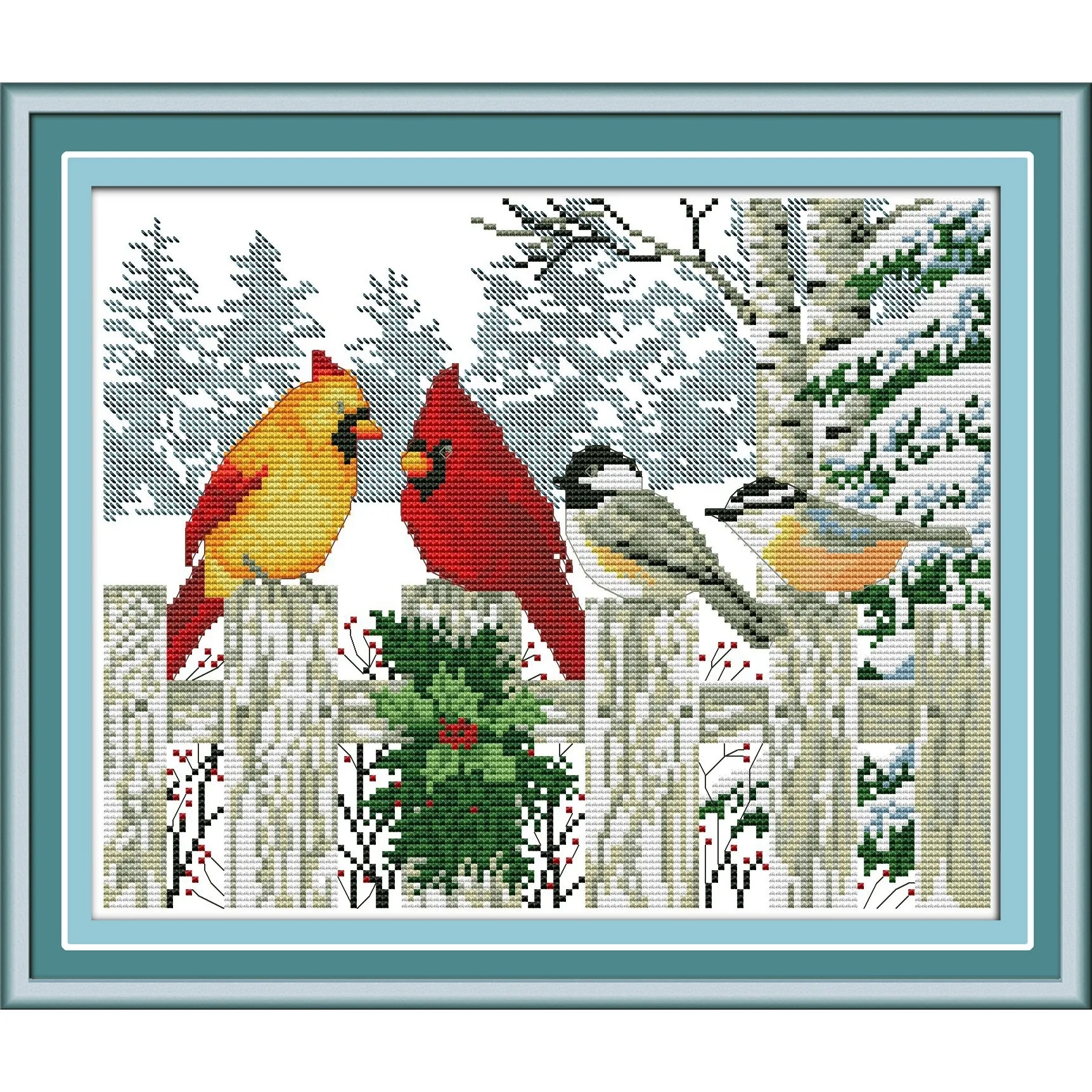 News Pre-Printed Cross Stitch Kit, Stamped Aida Fabric With DMC Threads, Embroidery Kit - Birds On The Fence In Winter