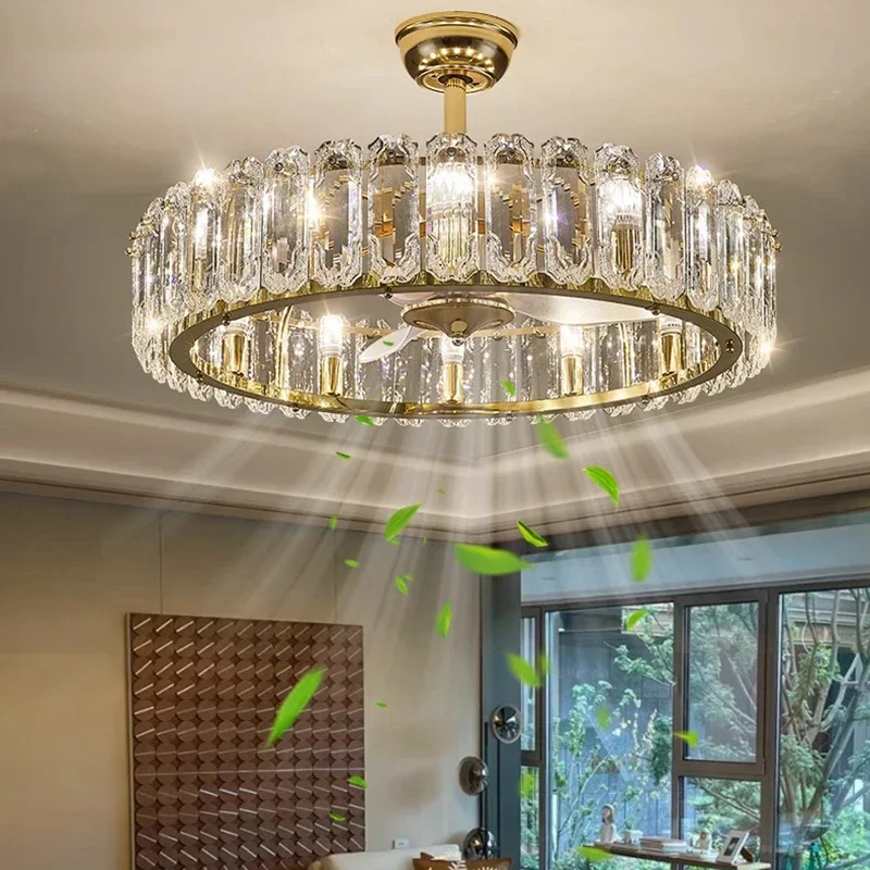 

Modern Luxury Crystal Ceiling Fan Lights Nordic Minimalist Dining Room Hotel Pendant Lights Living Room Bedroom Silent Fan lamps